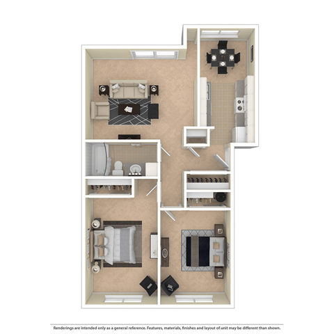 Floor plan for 2 beds, 1 bath, 832 sqft